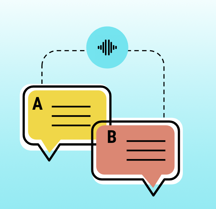 Two cartoony and colorful chat bubbles connected with a digital voice icon.