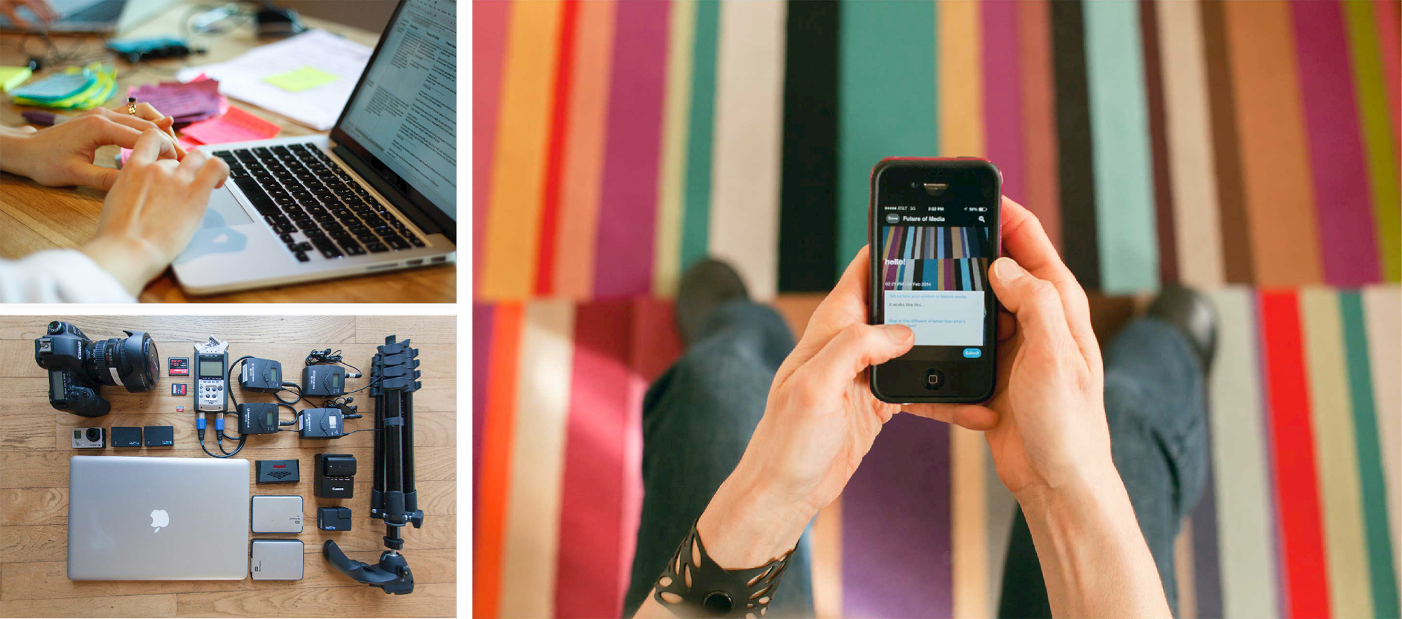 A grid of three photos depicting a laptop, camera equipment, and a person interacting with a mobile phone.